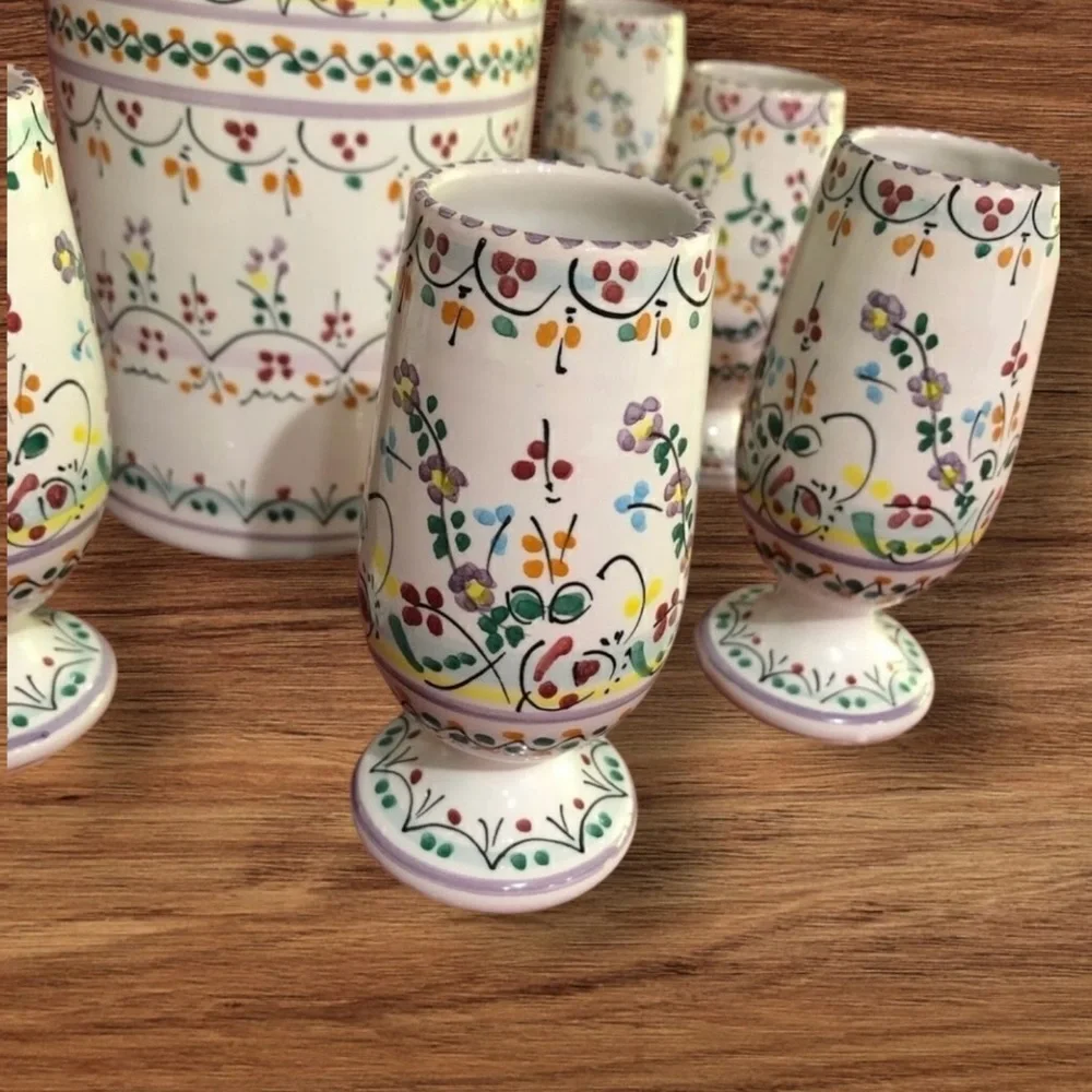 Vintage RARE CRUZ Spain Bohemian Floral Hand Painted Set Shot 6 Cups & Bottle